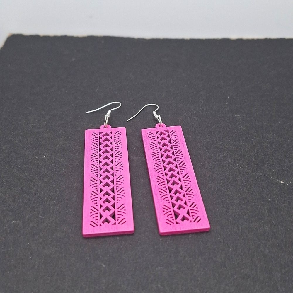 Pink Wood rectangle earrings hollowed out carved abstract design